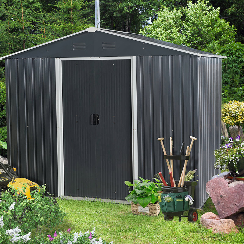 Remise de rangement extérieure en métal 8 pi x 6 pi avec base de plancher, H 75,09 po x l 89,09 po x P 64,09 po, Noir