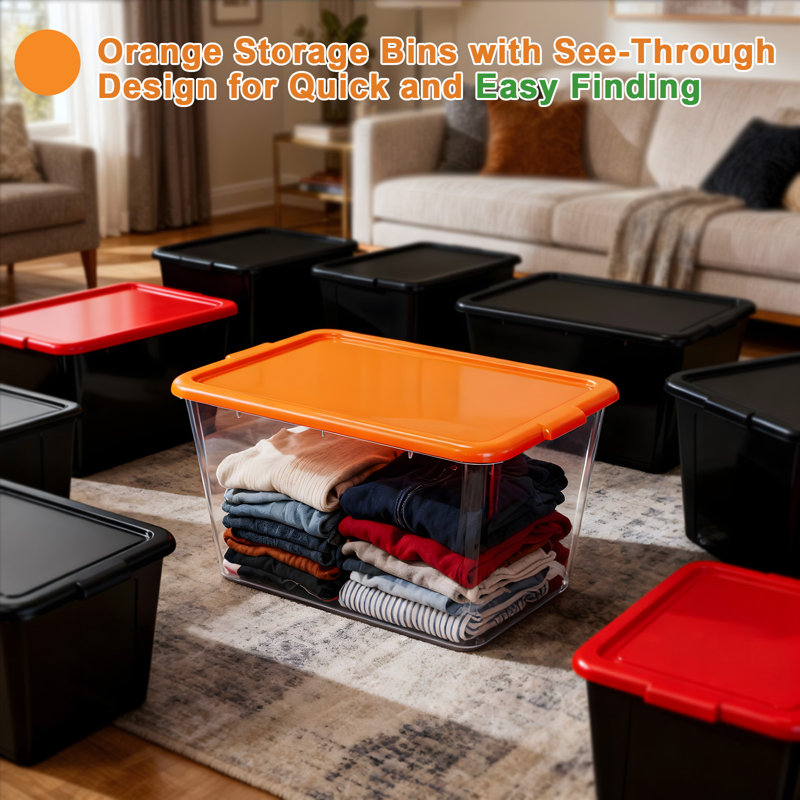  Sac de rangement transparent 14,5 gallons avec couvercles orange, ensemble de 4 bacs empilables en plastique pour l'organisation de placard et de garage