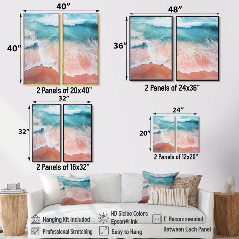Vue aérienne de la plage bleue et rose II - impressions d'art nautique sur toile, H 32 po x l 32 po, Blanc