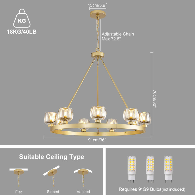 Lustre moderne à 9 lumières avec roues transparentes à roulettes de 36 po de largeur avec verre transparent, Doré