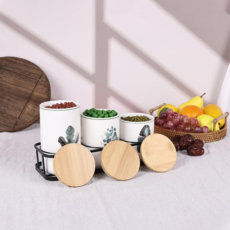Green Ceramic Kitchen Canisters Set with Bamboo Lids and Tiered Shelf