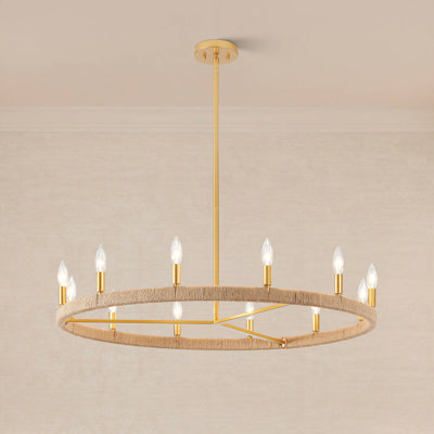 Lustre en roue de chariot à 12 lumières à intensité variable en rotin