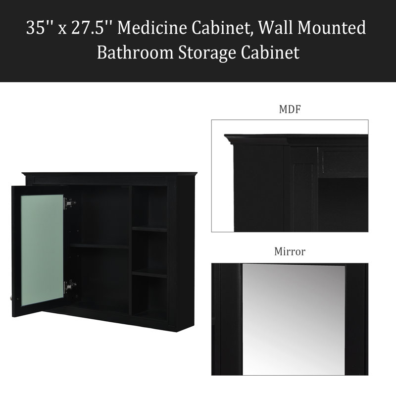 Armoire à pharmacie de 35 po x 27,5 po, armoire de rangement murale pour salle de bain, armoire de salle de bain moderne avec miroir, armoire à miroir avec 6 tablettes ouvertes (meuble-lavabo non inclus)