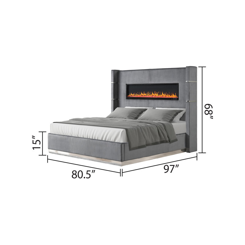 Ashray Upholstered Wingback 4 Piece Bedroom Set, Gray, King