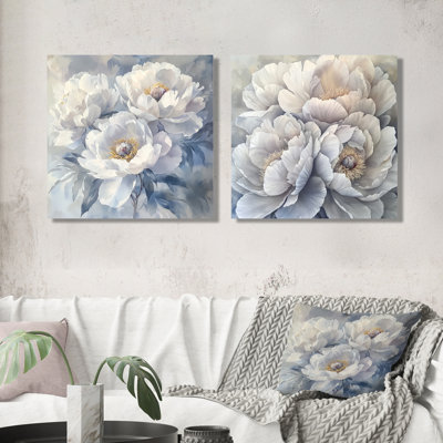 Fleurs de pivoines givrées monochromes I - art mural pivoines - ensemble d'art mural traditionnel 2 pièces
