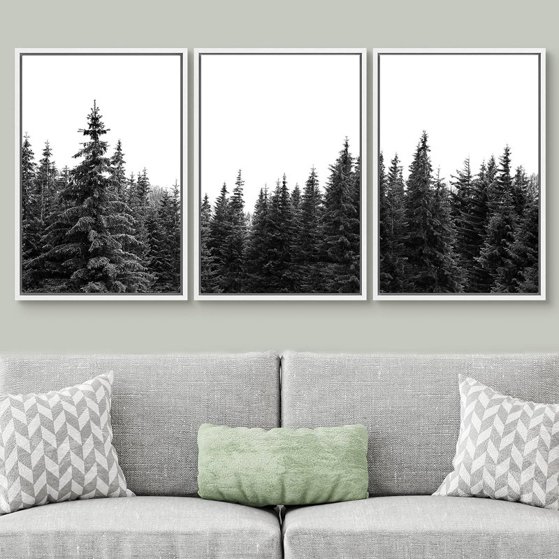 "Woodland Nursery Decor" noir et blanc, forêt, photo, nature, illustrations abstraites encadrées sur toile, 3 pièces