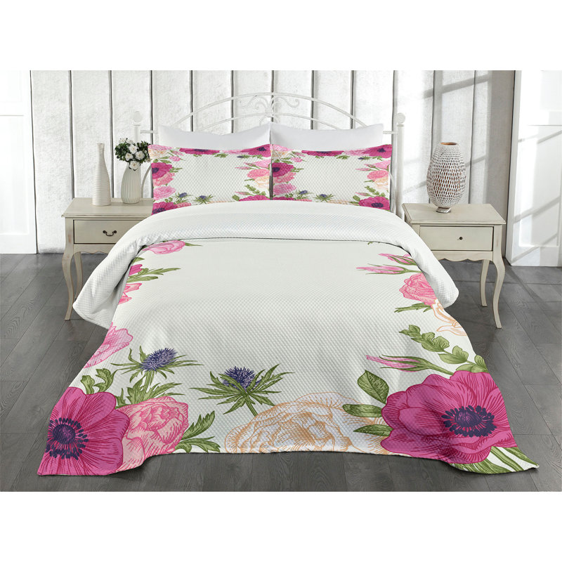 Adeleine Polyester Floral Bedspread with Pillowcases, 220 x 264 cm Bedspread - 2 Shams