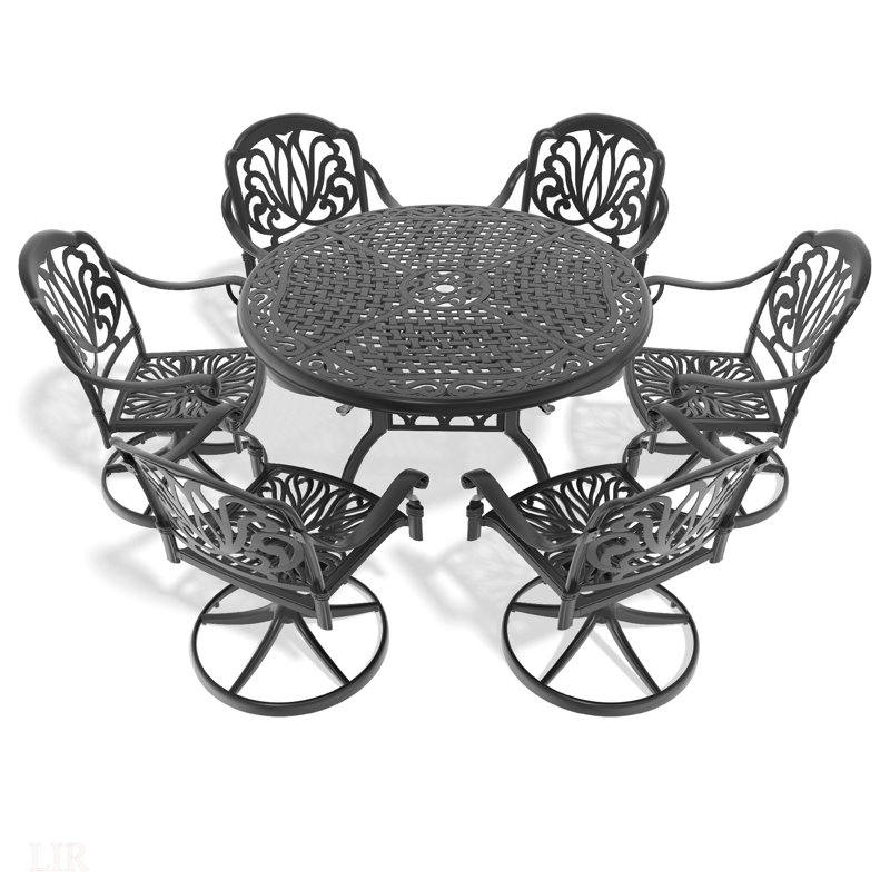 Ensemble de salle à manger toutes saisons en fonte d'aluminium, avec chaises pivotantes et table avec cadre noir, 6