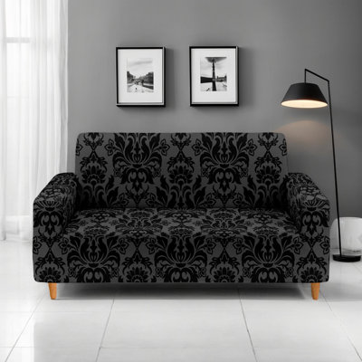 Black and Charcoal Gothic Damask Stretch Sofa Slipcover, 90 GSM Microfiber, 91" W, Machine Washable