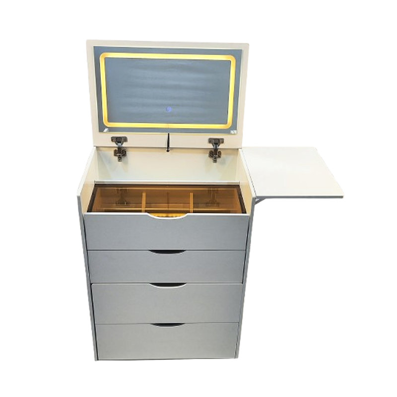 Bureau de coiffeuse compact avec station de charge 31 avec panneau caché et panneau de maquillage à miroir compact, blanc
