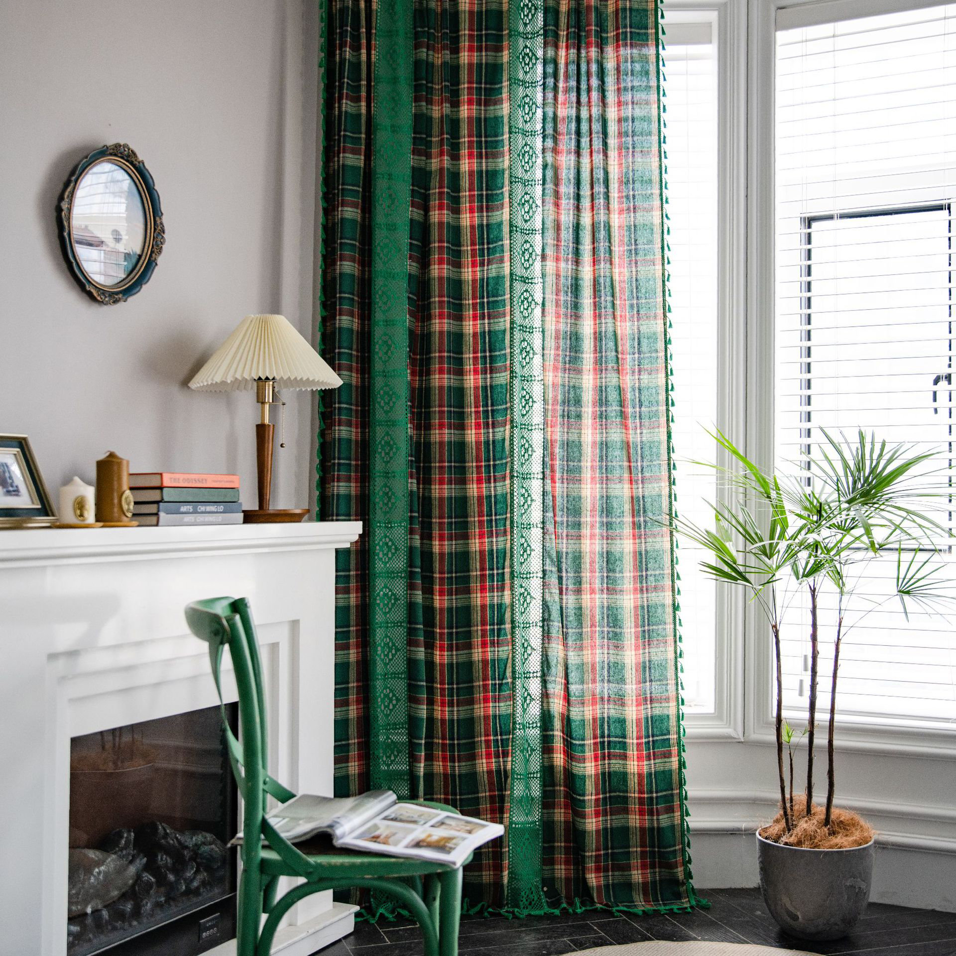 The Holiday Aisle® Janeczka Christmas Green Checkered Patchwork Curtains with Tassels Set of 2 | Wayfair