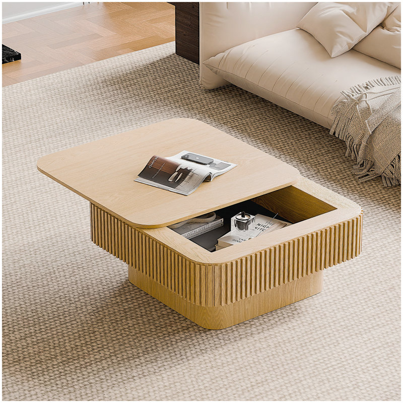 31.5'' Square Coffee Table with Spacious Hidden Storage, Solid Wood Veneer, Modern Design for Living Room and Office, Natural