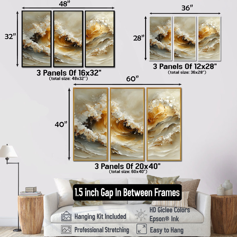Gris et blanc, vagues océaniques en spirale III - art mural sur toile transitionnel - 3 panneaux, H 40 po x l 60 po, Doré