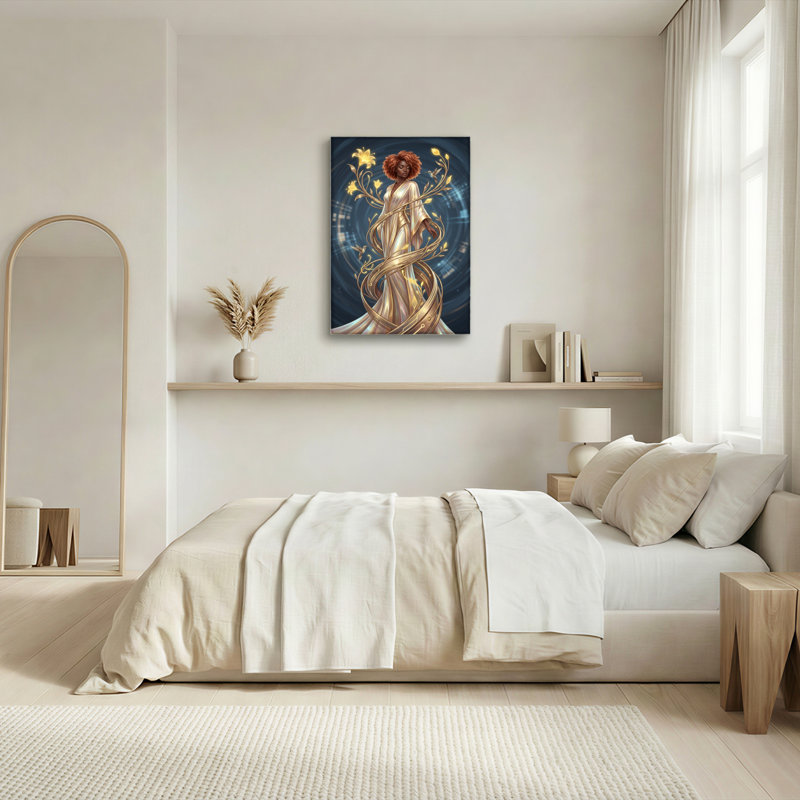 «Golden Floral Woman In Elegant Gown», reproduction d'art sur toile tendue sur toile, ensemble de 1, H 30 po x l 20 po