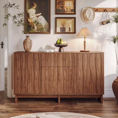 59" Walnut Sideboard Buffet Cabinet, Modern Wood Storage Cabinet with 3 Drawers