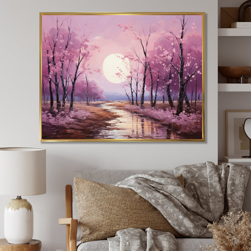 Birch Woods Pink Symphony V - Tree Birch Wall Decor, Cadre flottant doré, H 30 po x l 40 po x P 1,5 po