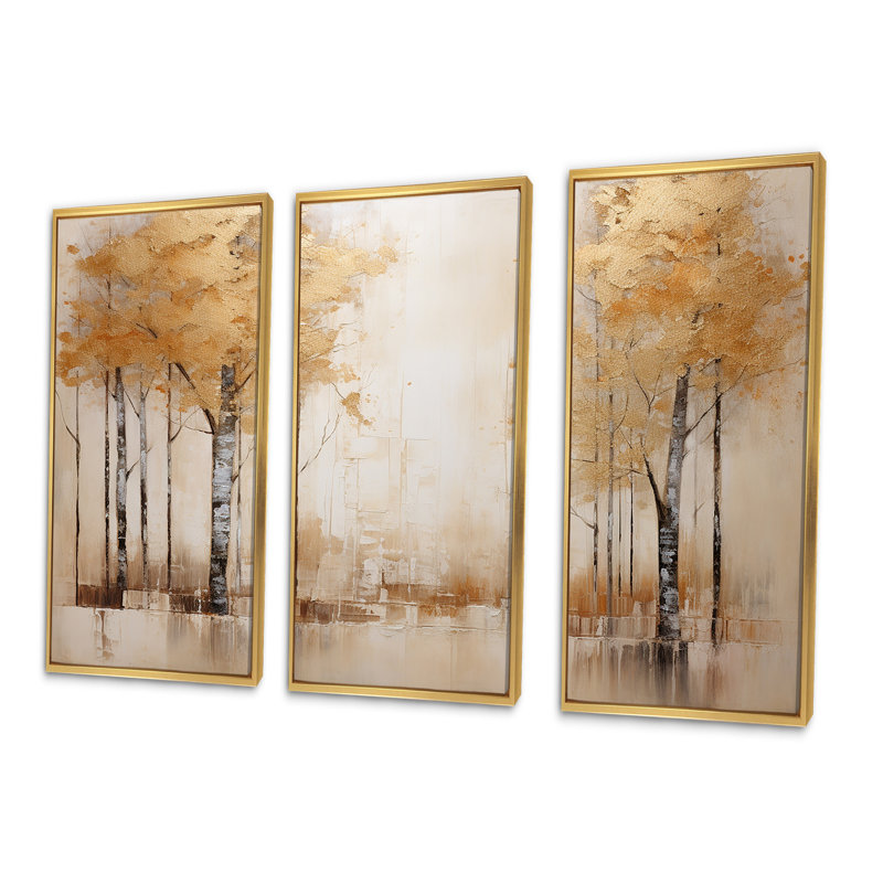 «Minimalisme beige et forêt dorée», ensemble d'art sur toile, Cadre flottant doré, H 32 po x l 48 po x P 1 po