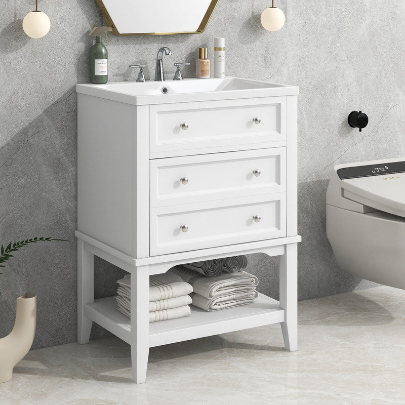 Meuble-lavabo simple autoportant 24 po avec plateau en céramique Leven