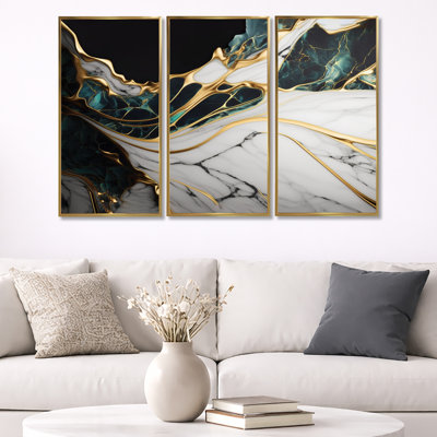 " Abstract Geode Gold And Green Marble III " 3 - Pieces