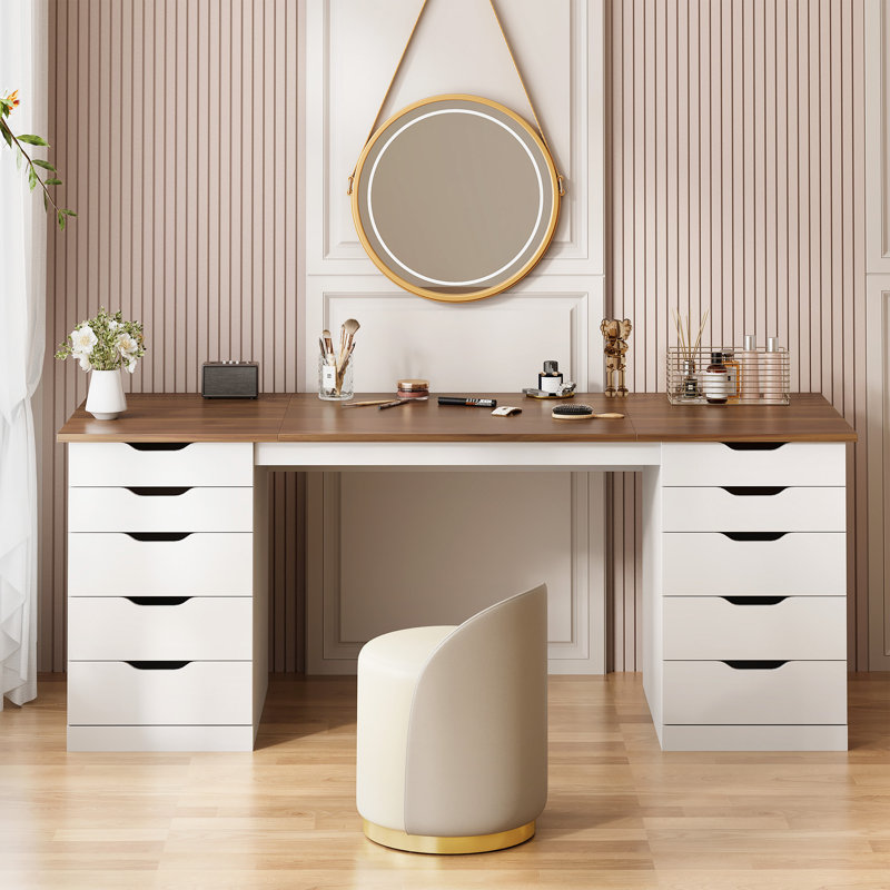 Coiffeuse de 140 cm avec 10 tiroirs, table de maquillage en bois avec rangement, grande coiffeuse pour chambre à coucher
