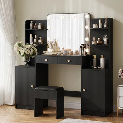 Large Makeup Vanity Set With LED Lighted Mirror, Power Outlet And Stool