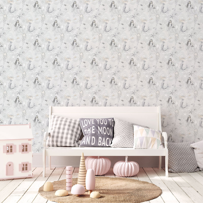 Tiny Tots 2 Glittery Mermaids Design 33' L x 21" W Wallpaper Roll, Gray/Silver
