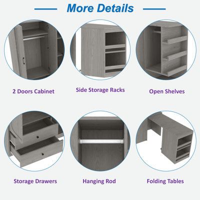 Multifunctional Wardrobe With 2 Doors, Hanging Rod, Convertible Desk, Storage Drawers And Open Shelves