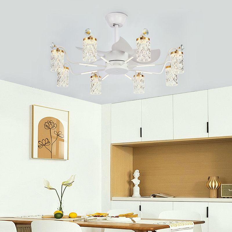 Ventilateur de plafond 35,43 "DEL à intensité variable avec 8 lumières et télécommande, Blanc