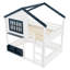 Lit double avec conception de maison, blanc et bleu, rails autour du lit, marches stables, bibliothèque pour un rangement pratique, utilisation de l'espace vertical