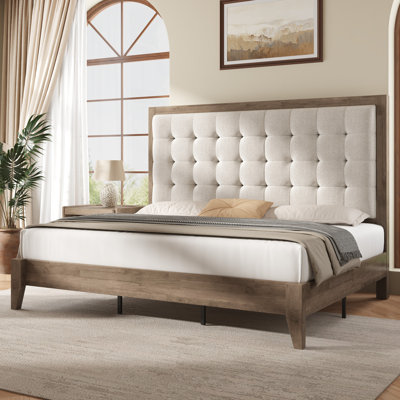 Behka Queen Solid Wood Platform Bed with Upholstered Tufted Headboard, Ash Gray