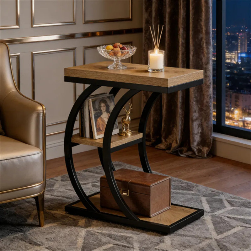 Table d'appoint à 3 niveaux en C avec support de rangement, table basse à grain de bois, table de bout polyvalente étroite pour le salon et la chambre à coucher
