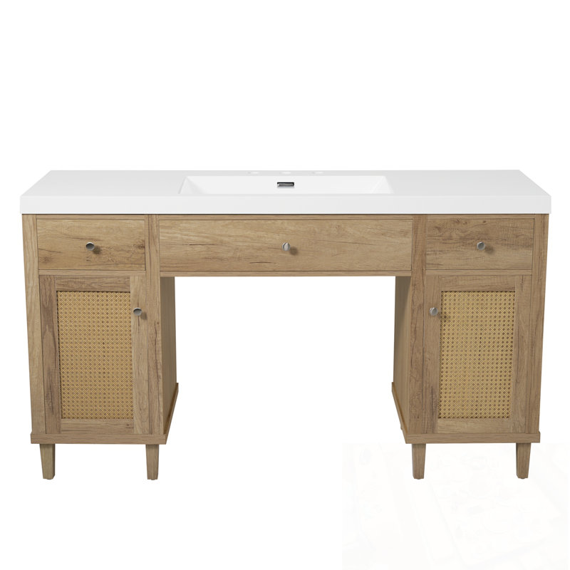 Meuble-lavabo de salle de bain avec lavabo, 2 portes, tiroirs à fermeture en douceur et plateau basculant, Naturel