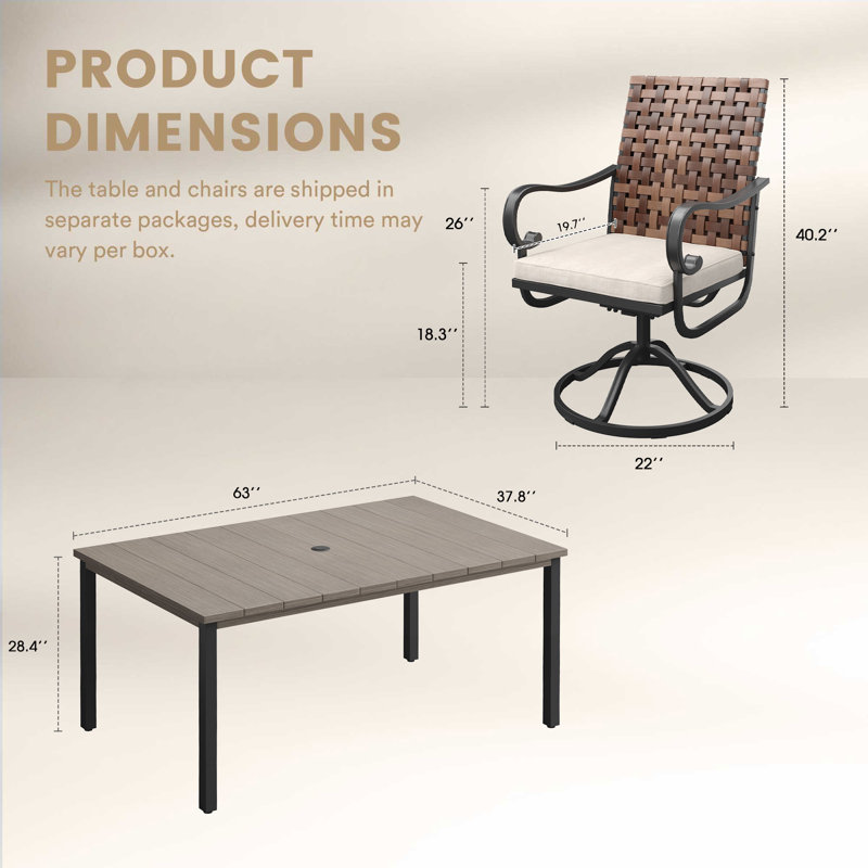 6-Person Rectangular  Outdoor Dining Set With Wicker Swivel Chair, Gray Woodlike/Black