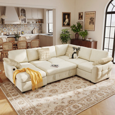 Maloy 106" Upholstered Chenille L Shaped Modular Sectional Sleeper Sofa with Pull Out Bed and Storage Ottoman