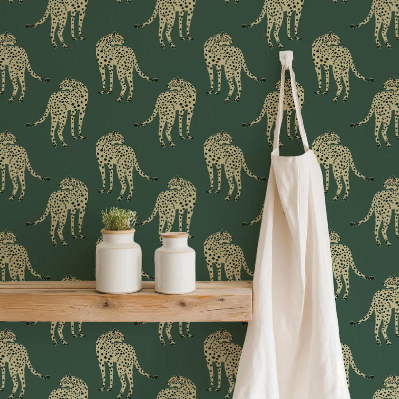 Prowling Cheetah - Wallpaper, Non-Pasted, Faux Grasscloth, Green