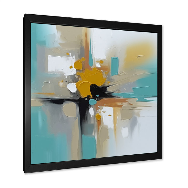 Encre sur toile Lybarger, jaune et turquoise, Cadre photo noir, H 16 po x l 16 po x P 1 po