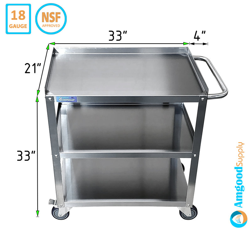 33" Stainless Steel 3-Shelf Utility Cart with Swivel Casters