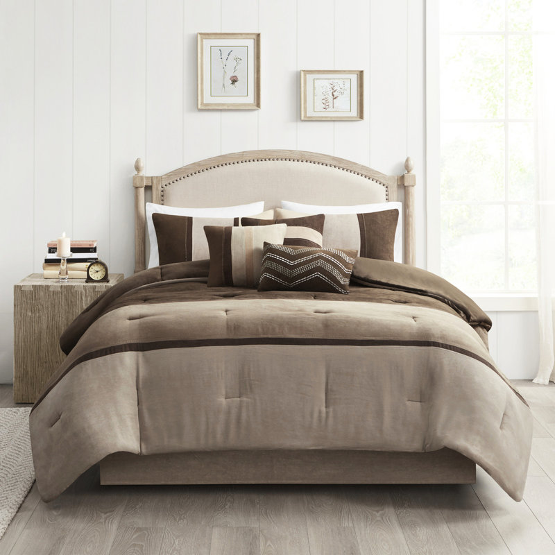 Literie en faux suède, édredon brun, 7 pièces, taies décoratives, taies décoratives, jupe de lit, édredon brun lavable à la machine pour très grand lit, suède, surpiqûres, doux décoratif