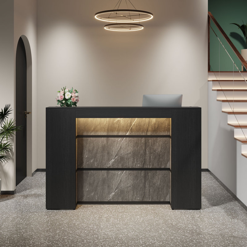 Modern Reception Desk with LED Lights 63 Inches Front Counter Table, Black/Grey
