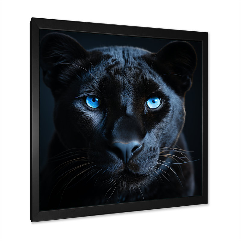 «Blue and Black Panther Portrait II» - art mural animal de panthère, H 36 po x l 36 po x P 1,5 po, Cadre simple noir
