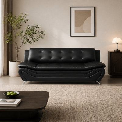 Black Faux Leather Sofa, 76.5" Sofa with 3 Deep Seater for Living Room Bedroom