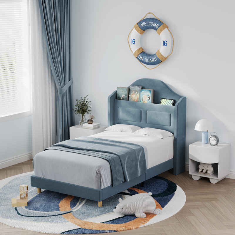 Structure de lit simple en velours avec lumières DEL, lit avec tête de lit à grande capacité, pas besoin de matelas à ressorts, facile à assembler