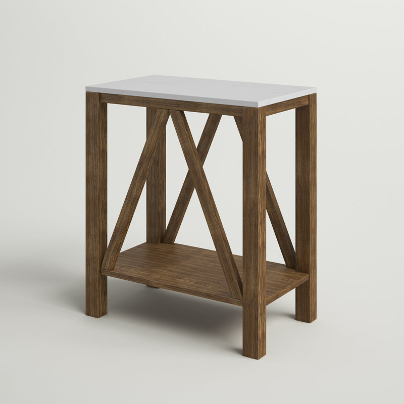 Emmie A-Frame End Table with Lower Shelf, White Marble Top/Natural Walnut Base