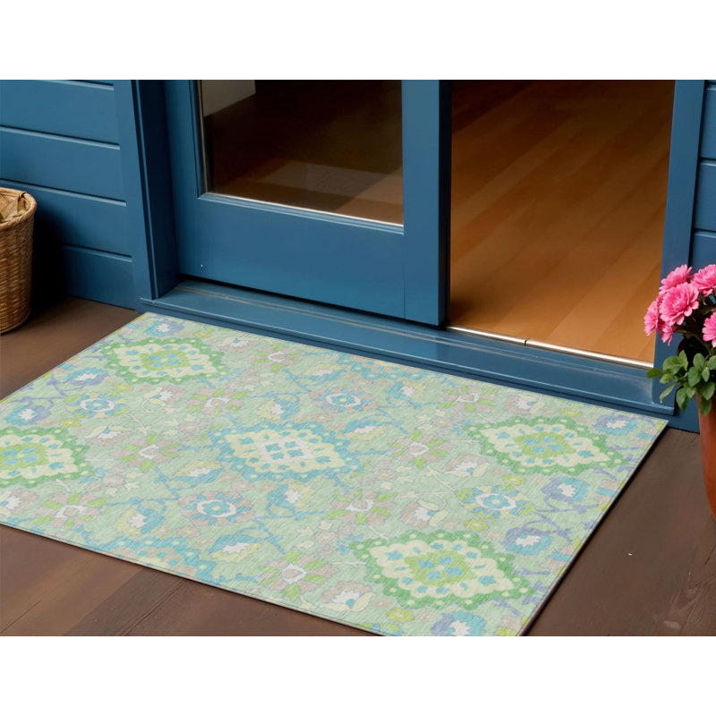 3' X 5' Mint Green Blue And Ivory Oriental Washable Indoor Outdoor Area Rug