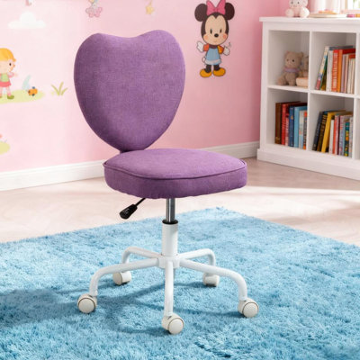 Chaise de bureau mauve avec dossier en forme de cœur, hauteur réglable, roulettes pivotantes à 360 degrés, lin respirant et mousse douce, pour un espace confortable