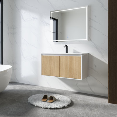  Meuble-lavabo mural 36 po DAHLIA au fini chêne naturel avec comptoir en céramique