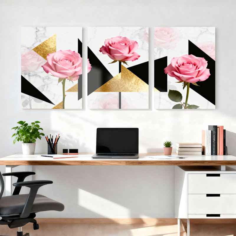 Roses roses avec motifs géométriques dorés et noirs, impression sur toile abstraite moderne (ensemble de 3)