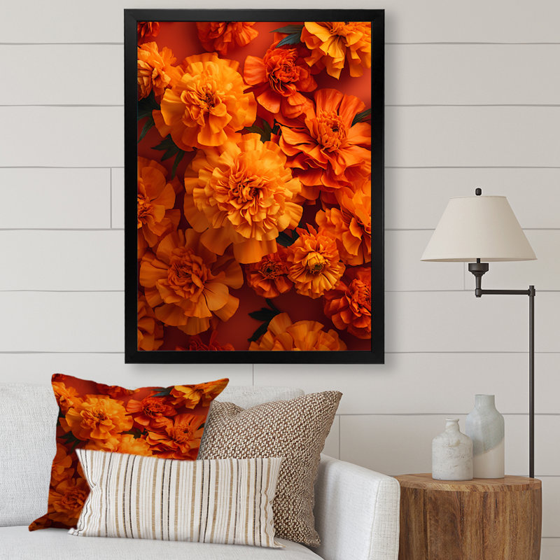 " Orange Marigolds Memory Unveiled ", 20" H x 12" W x 1" D, Black Single Picture Framed