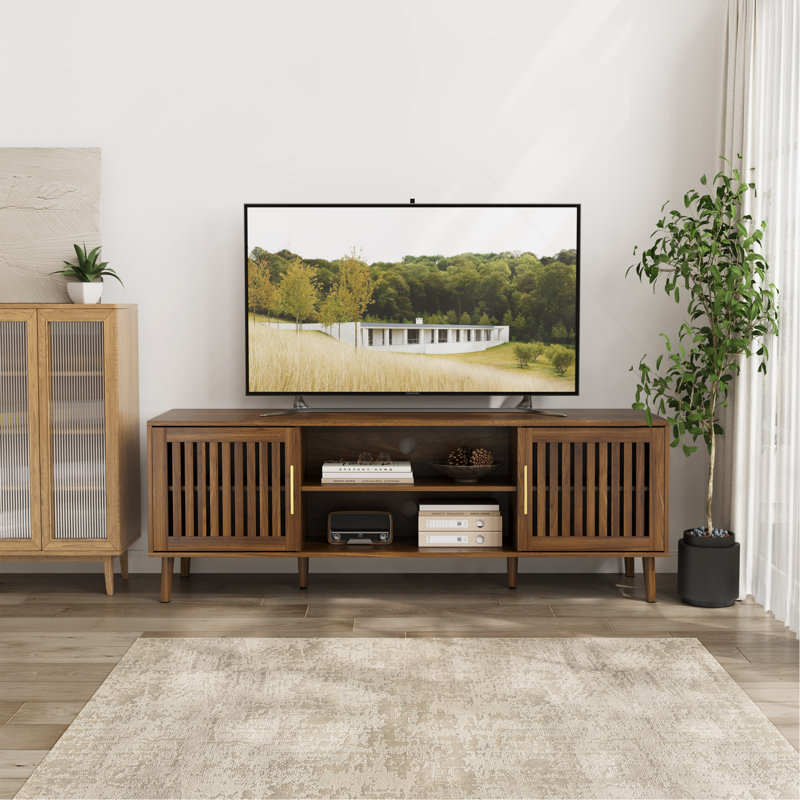 Meuble télé 63 po avec portes grillagées et tablettes réglables, convenant aux téléviseurs de 55/65/70 po, centre de divertissement en bois de noyer