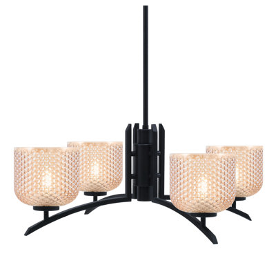 Lustre 4 lumières kurve illustré en finition noir mat avec verre texturé ambre de 6 po